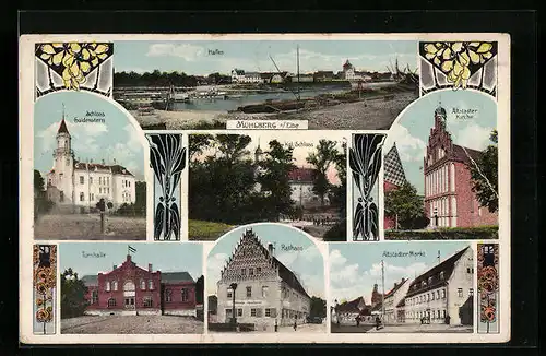 AK Mühlberg a. Elbe, Hafen, Schloss Güldenstern, Turnhalle, Rathaus, Altstädter Kirche und Markt