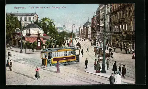 AK Hannover, Café Kröpcke mit Georgstrasse und Strassenbahn