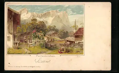 Lithographie Partenkirchen, Ortspartie und Gipfelpanorama