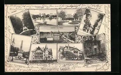 AK Bad Lausigk, Ortsansicht von Osten, Kirche und Kriegerdenkmal, Hermannsbad, Villenkolonie, Terrasse