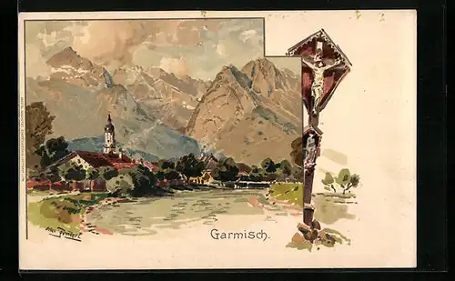 Künstler-AK Otto Strützel: Garmisch, Ortsansicht mit Kirche und Gipfelpanorama