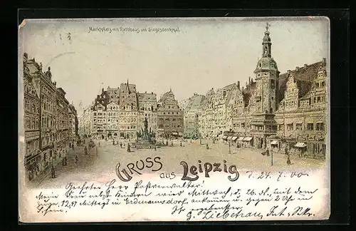 Lithographie Leipzig, Marktplatz mit Rathaus und Siegesdenkmal