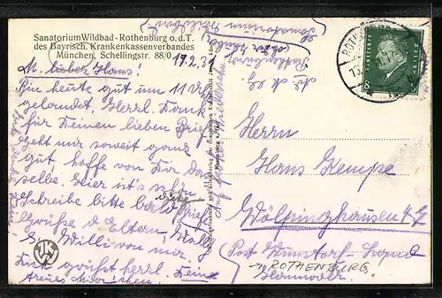 AK Rothenburg o. d. T., Sanatorium Wildbad des Bayrisch. Krankenkassenverbands, Haupteingang