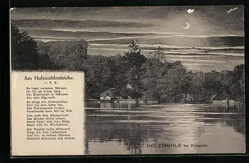 AK Eldagsen, Waldhotel Holzmühle, Seepartie im Mondschein, Gedicht Am Holzmühlenteiche