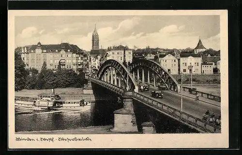 AK Minden i. W., Flusspartie mit Dampfer, Ortspartie mit Brücke