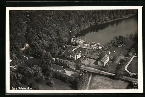 AK Strausberg, Hotel und Terrassen Restaurant Neue Spitzmühle vom Flugzeug aus gesehen