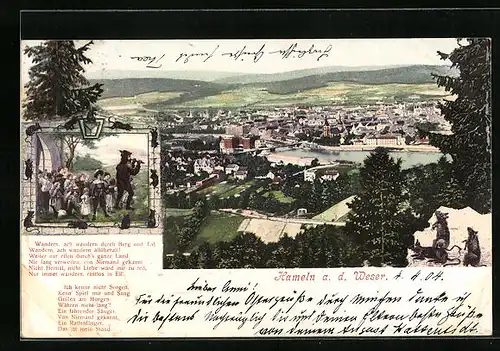 AK Hameln, Gesamtansicht, Rattenfänger führt die Kinder aus der Stadt