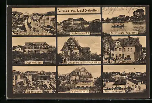 AK Bad Salzuflen, Parkstrasse mit Kurhaus, Kinderheilanstalt, Kurpark und Hotel Fürstenhof, Josefsheim, Sophienhäuser