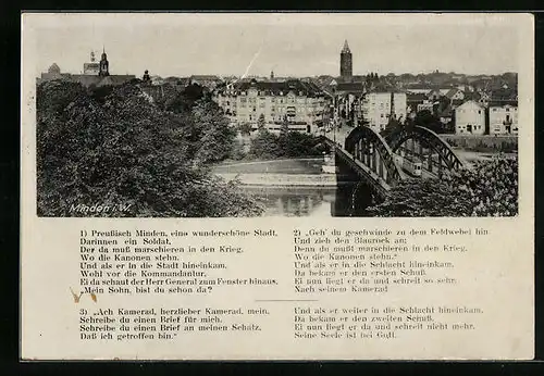 AK Minden i. W., Ortsansicht mit Flusspartie und Weserbrücke