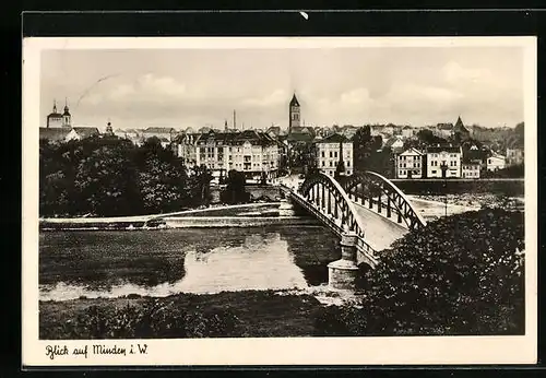 AK Minden i. W., Weserbrücke aus der Vogelschau