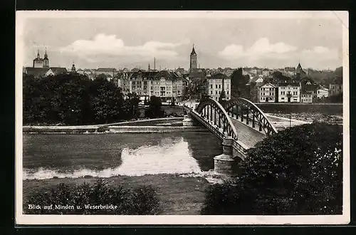 AK Minden i. W., Weserbrücke aus der Vogelschau