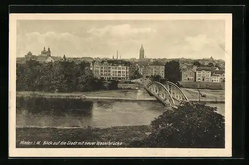 AK Minden i. W., Ortsansicht mit neuer Weserbrücke