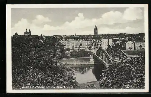 AK Minden i. W., Ortsansicht mit Weserbrücke