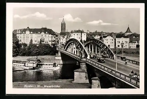 AK Minden i. W., Weserbrücke, Flusspartie mit Dampfer