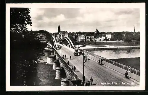 AK Minden i. W., Ortspartie mit Weserbrücke