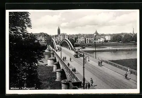AK Minden i. W., Ortspartie mit Weserbrücke