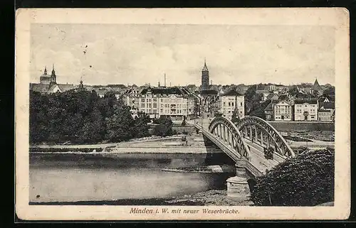 AK Minden i. W., Ortsansicht mit neuer Weserbrücke