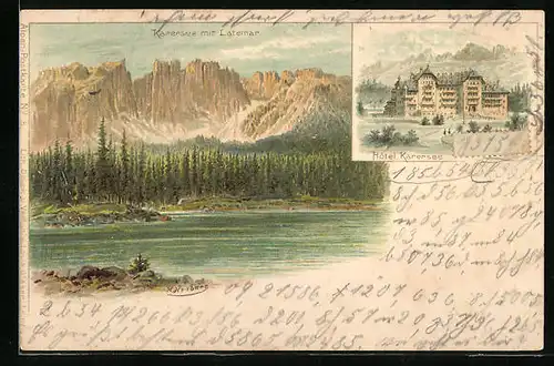 Lithographie Karersee, Hotel Karersee, Karersee mit Latemar