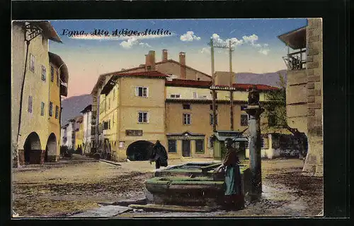 AK Egna, Ortspartie mit Brunnen