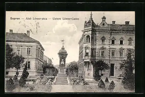 AK Sopron, Strasse Unter Löwer-Gasse mit Wettersäule
