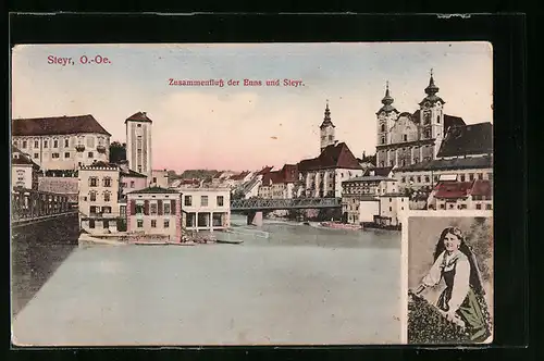 AK Steyr, Zusammenfluss der Enns und Steyr, Frau in Tracht