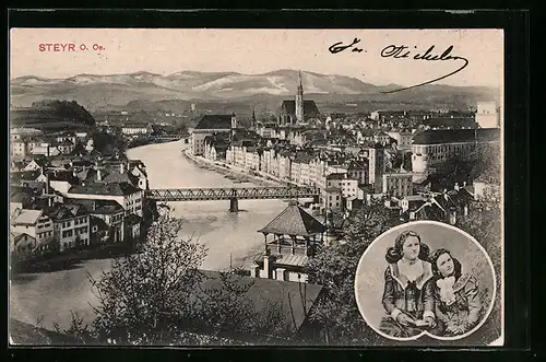 AK Steyr, Teilansicht mit Brücke, Zwei Frauen in Tracht