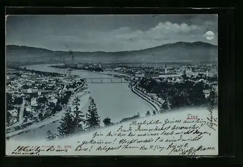 Mondschein-AK Linz, Teilansicht mit Brücke