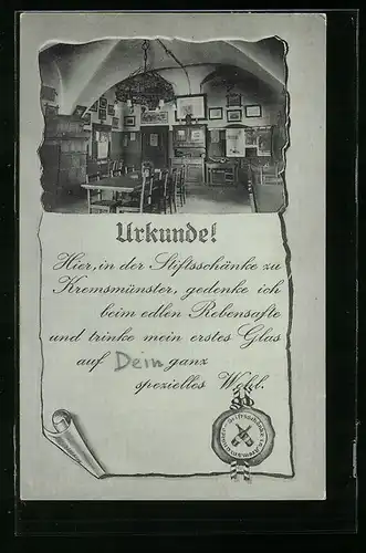 AK Kremsmünster, Gasthaus Stiftsschenke, Innenansicht, Urkunde mit Siegel