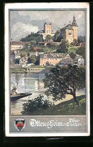 Künstler-AK Ottensheim, Uferpartie mit Boot