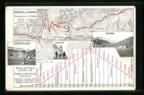 Künstler-AK Arabba, Strada di Pordoi, Gasthof Arabba, Obelisco