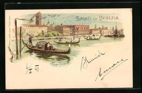 Lithographie Venezia, Hafenpartie mit Gondeln