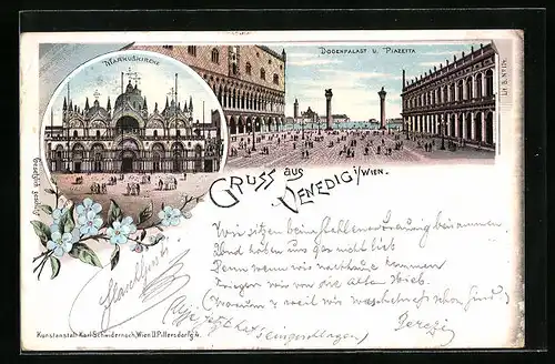 Lithographie Venedig, Markuskirche, Dogenpalast und Piazetta