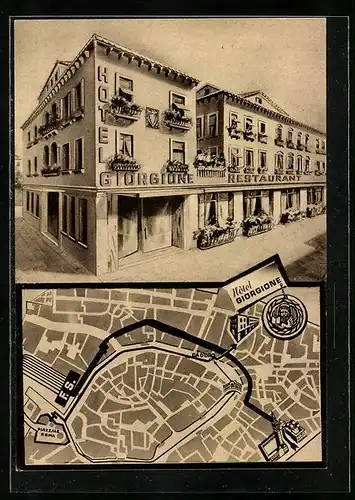 AK Venezia, Hotel Giorgione mit Stadtkarte