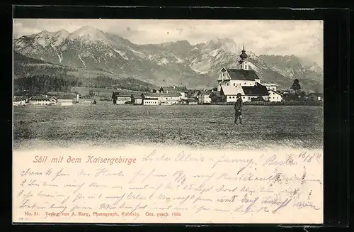 AK Söll, Teilansicht mit Kirche und dem Kaisergebirge