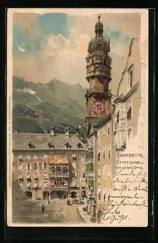 Lithographie Innsbruck, Stadtturm und Gasthaus Goldenes Dachl