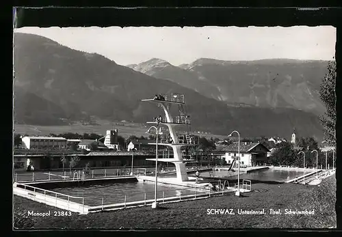 AK Schwaz i. Unterinntal, Schwimmbad mit Bergpanorama