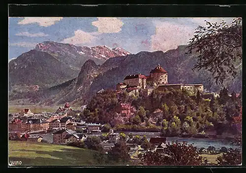 Künstler-AK Kufstein, Ortsansicht mit Kaisergebirge
