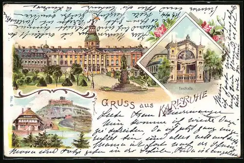 Lithographie Karlsruhe, Schloss, Festhalle, Ortspartie