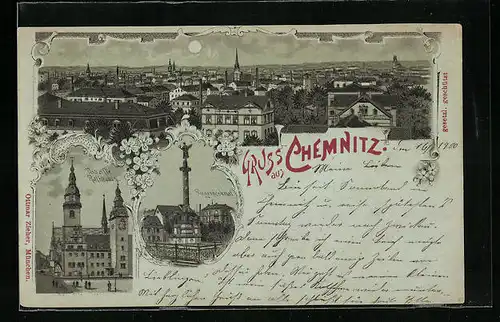 Mondschein-Lithographie Chemnitz, Teilansicht, Das alte Rathaus, Siegesdenkmal