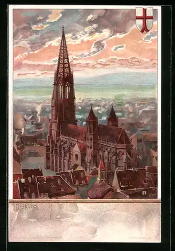 Künstler-AK Heinrich Kley: Freiburg, Münster aus der Vogelschau