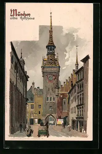 Künstler-AK Heinrich Kley: München, Fuhrwerk am alten Rathaus