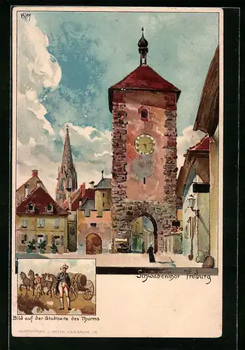 Künstler-AK Heinrich Kley: Freiburg, Schwabentor, Bild auf der Stadtseite des Turm