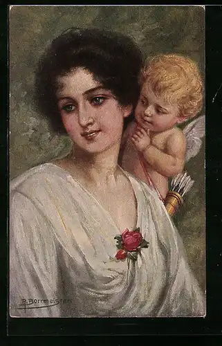 Künstler-AK R. Borrmeister: Ein loser Schelm, Junge Dame mit Amor auf der Schulter