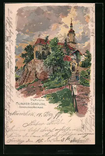 Künstler-AK Fritz Bergen: München-Sendling, Darstellung der Sendlingerkirche