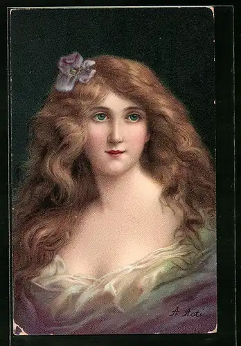 Künstler-AK Angelo Asti: hübsche Frau mit einer Blume im Haar