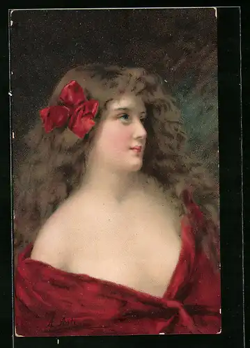Künstler-AK Angelo Asti: junge Frau im rotem Kleid und roter Schleife im Haar