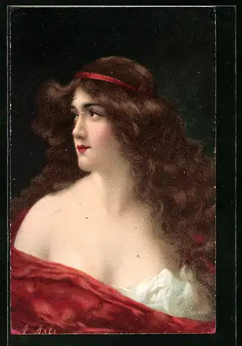 Künstler-AK Angelo Asti: hübsche Frau mit langen Haaren und rotem Band im Haar