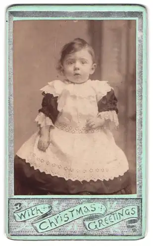 Fotografie unbekannter Fotograf und Ort, Portrait niedliches kleines Mädchen im bestickten Kleidchen