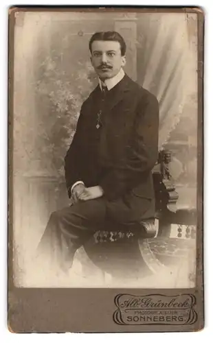 Fotografie Alb. Grünbeck, Sonneberg, Junger Mann mit Schnurrbart und schwarzem Anzug