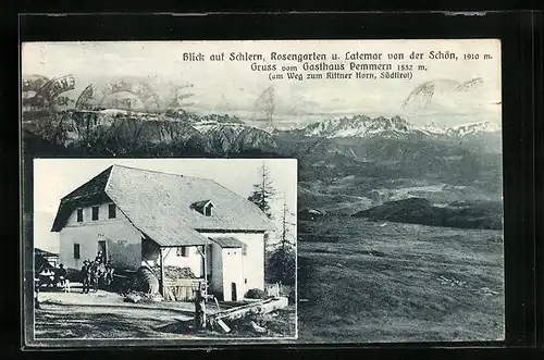 AK Schön, Gasthaus Pemmern mit Blick auf Schlern, Rosengarten u. Latemar